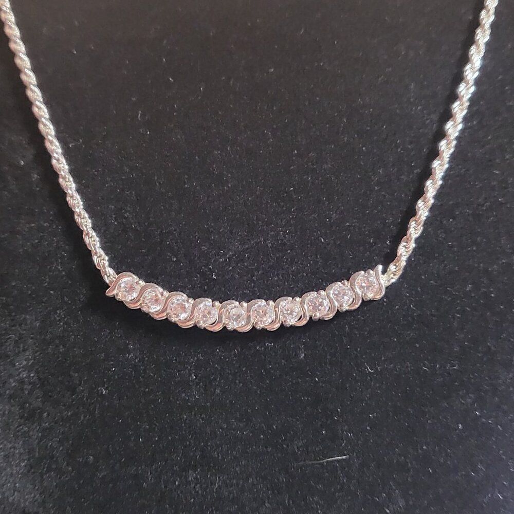 Vintage Italian Sterling Silver Cubic Zirconia Bar Necklace